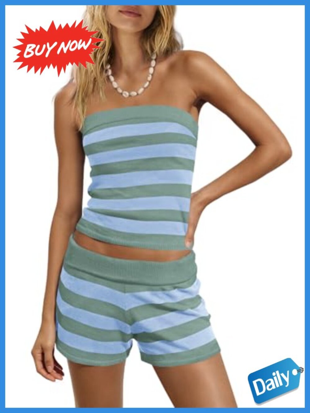 Striped Cotton Blend 2 Piece Lounge Set Tube Top and Shorts